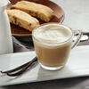 French vanilla in a clear mug with vanilla beans and biscotti