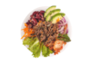 Poke bowl with beef, green lettuce, carrot, red onion, kimchi, avocado, kidney beans, asparagus, spicy sesame sauce