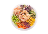 Poke bowl with shrimp, cabbage, cucumber, carrot, edamame, sweet corn, kani salad, tempura bits, teriyaki mayo