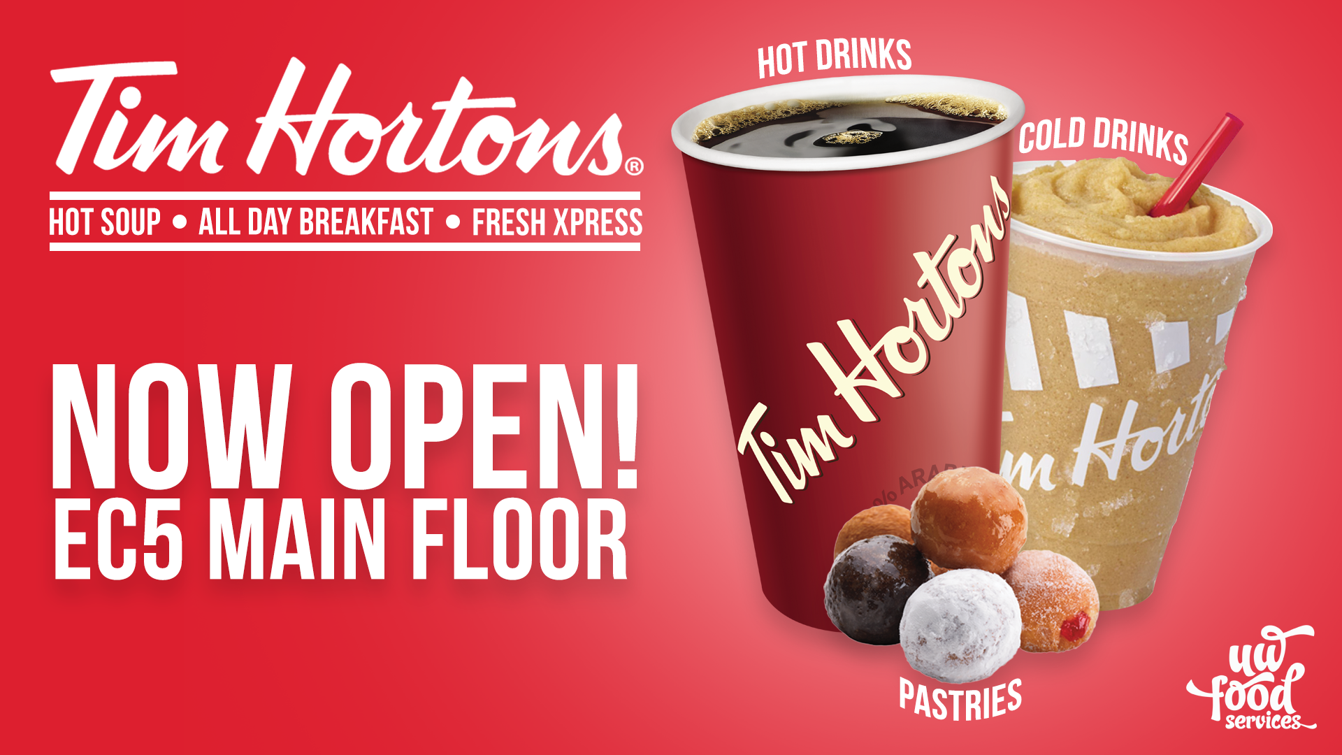 Tim Hortons now open poster