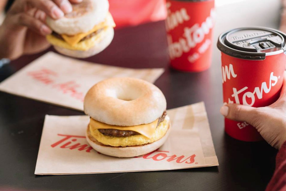 breakfast bagel and coffee from Tim Hortons