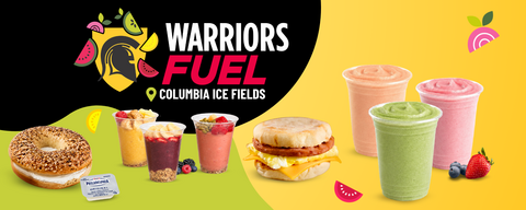 warriors fuel logo with smoothies, power cups and breakfast items