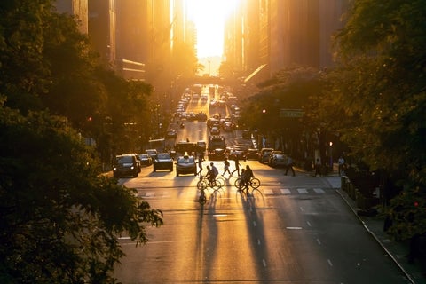 Sun set over a city street