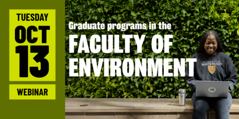 Student with laptop in front of the living wall with a banner that says Graduate programs in the Faculty of Environment
