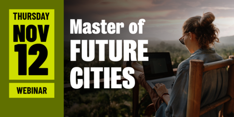 A student works on their laptop with Master of Future Cities on the banner