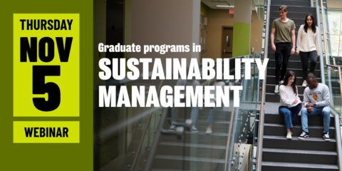 Students sit on the stairs with the words Graduate programs in Sustainability Management on the banner