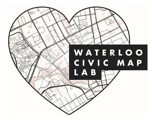 An illustration of a heart with a black and white road map filling it in. A black and white text overlay reads: "Waterloo Civic Map Lab"