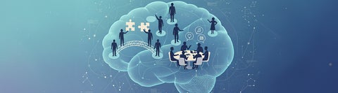 ai rendering- people collaborating inside a brain shape with nodes