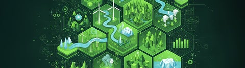 ai rendering- green hexagons with windmills and natural scenes