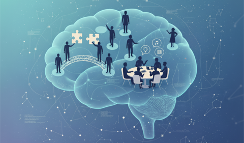 ai rendering- people collaborating inside a brain shape with nodes