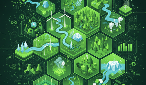 ai rendering- green hexagons with windmills and natural scenes