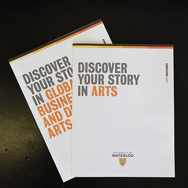 2 brochures that say discover your story in Arts