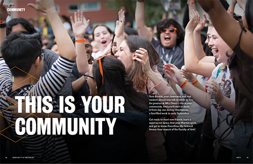 Spread in brochure with Arts students cheering