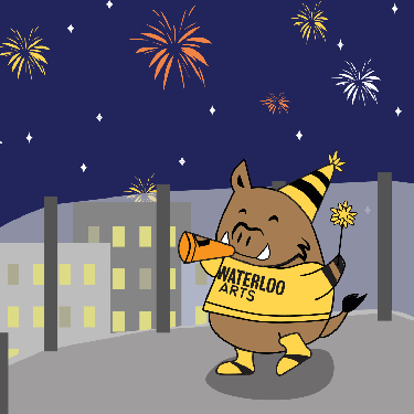 Illustration of Porcellino celebrating under a sky full of fireworks