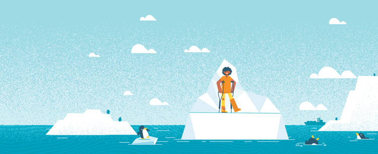 Person using crutches on an iceberg