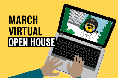 Laptop screen with Waterloo's mascot, King Warrior on it. With the words March Virtual Open House on the image.