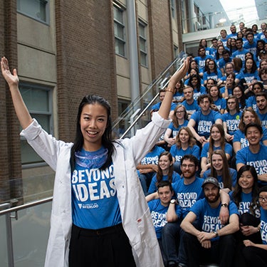 Large group of Faculty of Science students all wearing blue t-shirts