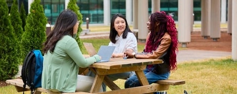 Three students sitting on a bench outside on campus studying and talking.