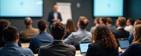 Group of people dressed professionally attending a lecture
