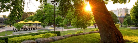 Campus during summer with a view of the University of Waterloo sign