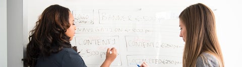 Two students writing on a whiteboard