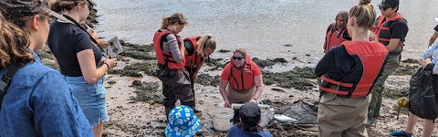 group of people in lifejackets on sand