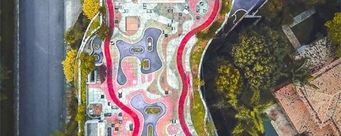 Bird's eye view of a colourful landscape with abstract shapes.