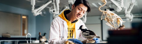 man holding a bird in a lab