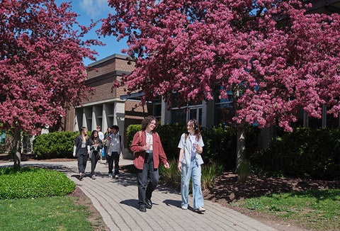 Students walking together with icee drinks outside of flock stop.