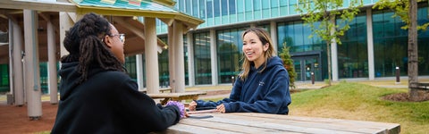 Students sitting at table outside building with lots of glass