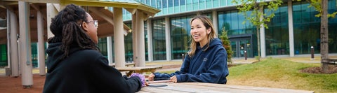 Two University of Waterloo students sitting outside with a glass building in the background