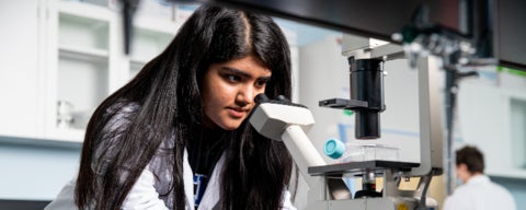 Student looking through a microscope in a lab.