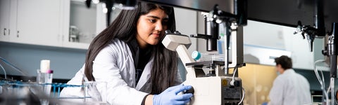 student looking through microscope in lab