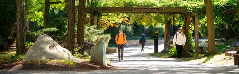 Student in orange sweater walks through tree-covered path at the University of Waterloo
