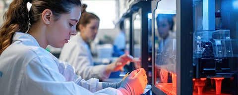 A person in a lab coat performing a scientitific test.