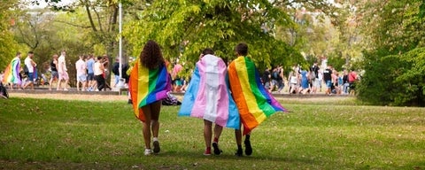 Three people walking in a park holding pride flags on their backs.