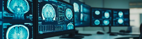 Multiple brain scans displayed on computer monitors.