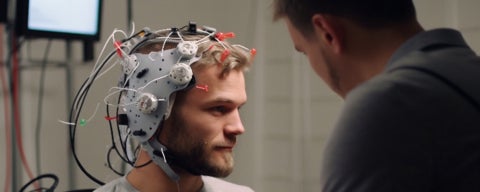 A man wearing a device that monitors brain activity