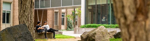 Students sitting on campus outside