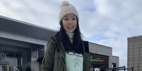 Lucy Liao ice skating in Uptown Waterloo