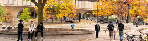 Students walking through campus in the fall.