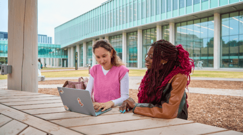 Two students look at a laptop while seated at a picnic table