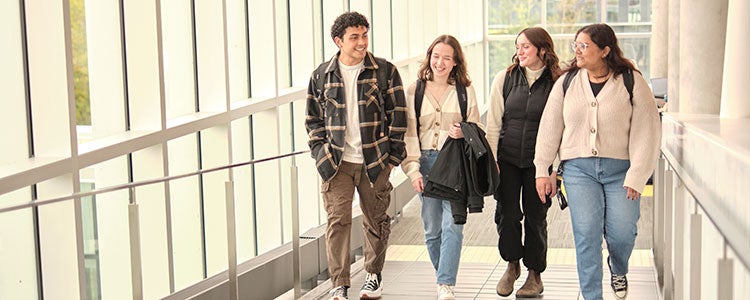 Four students walking down a hallway together