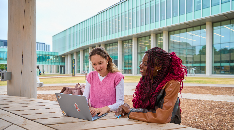 Two students sit at a picnic table while looking at a laptop