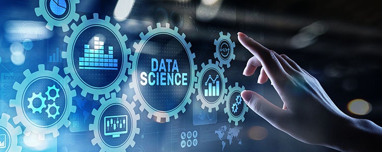 A hand reaches toward a holographic screen reading 'data science'