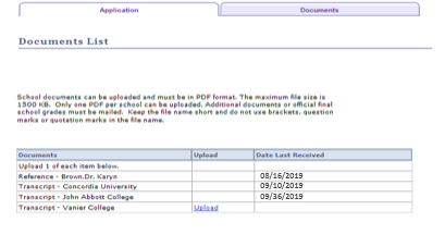 Screenshot showing list of documents and when they were uploaded