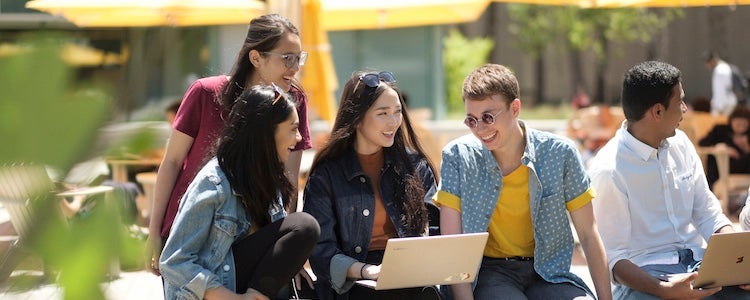 Group of students sitting outside on campus.