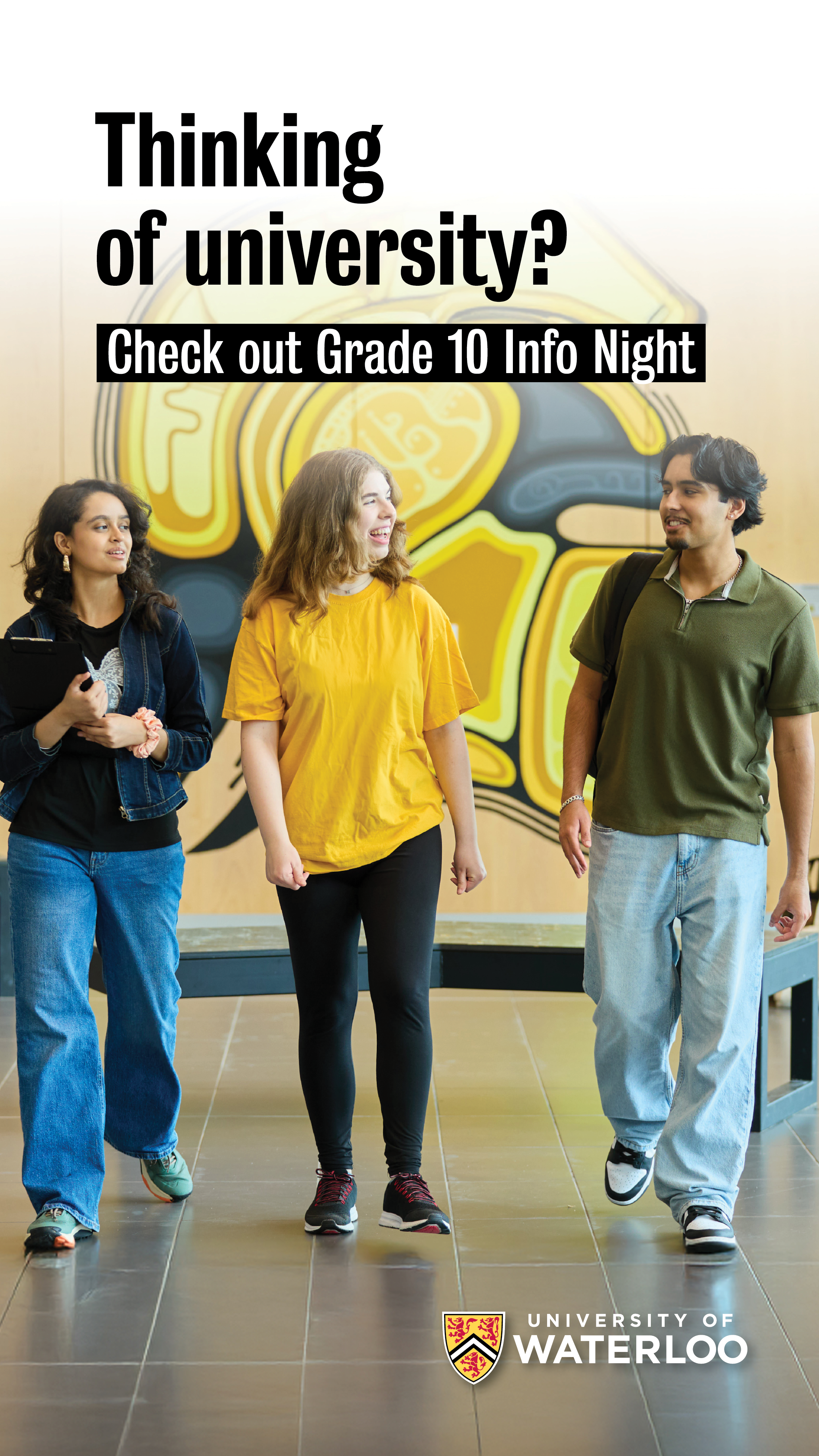 Students walk together below text saying 'Thinking of university? Check out Graade 10 Info Night'