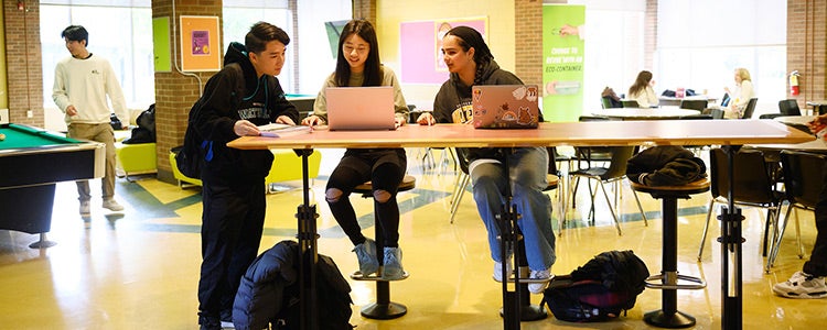 Three students studying together at a long table in a public space