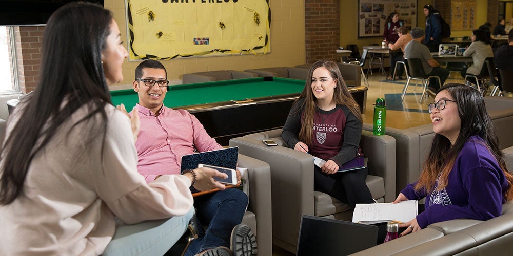 group of students socializing in residence lounge area.